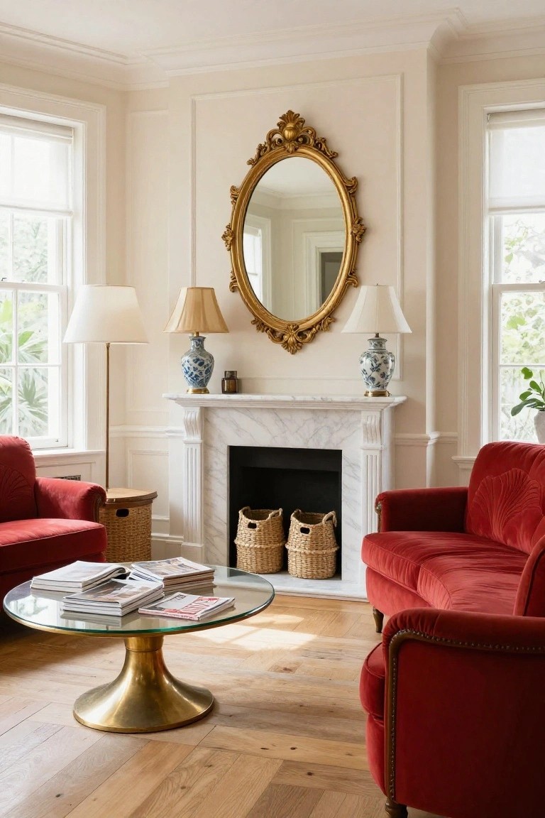 Living room featuring two red velvet sofas facing each other around a glass-topped brass coffee table, white marble fireplace with blue porcelain lamps and gold mirror above, cream walls, hardwood floors, and large windows with shades.