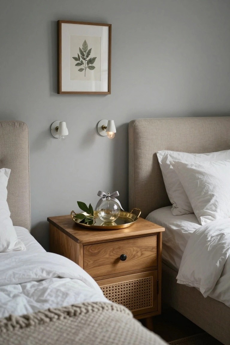 Bedroom corner with beige upholstered headboard, white bedding, wooden nightstand topped with gold tray holding green leaves and glass ornament tied with silver ribbon, white wall sconces, and framed leaf artwork on gray wall.