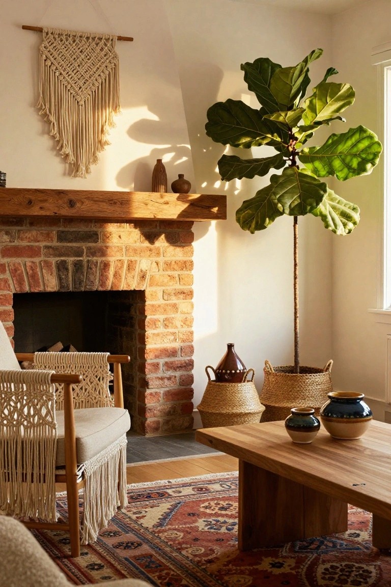Living room corner with rustic brick fireplace on wooden mantel, large macrame wall hanging above, tall fiddle leaf fig plant in woven basket, macrame-upholstered chair, low wooden coffee table with pottery, and red Persian rug on wood floor.