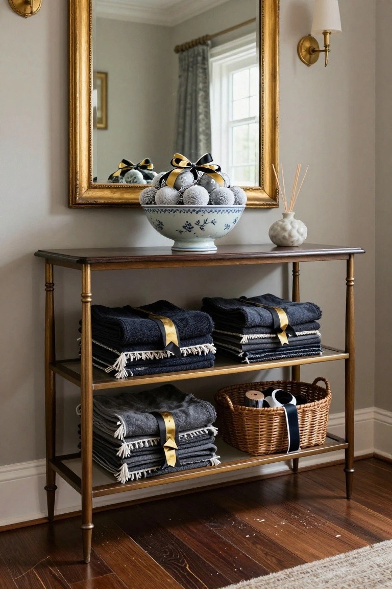 Elegant console table with folded towels, decorative bowl, and wicker basket.