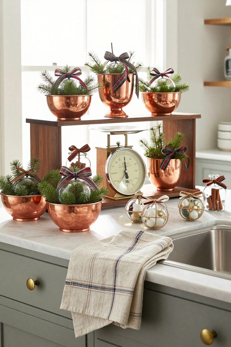 Kitchen countertop with multiple hammered copper bowls containing fir branches and clear glass ornaments tied with plaid ribbons, an antique brass scale on a wooden stand, jars of cinnamon sticks, and a linen towel draped nearby.