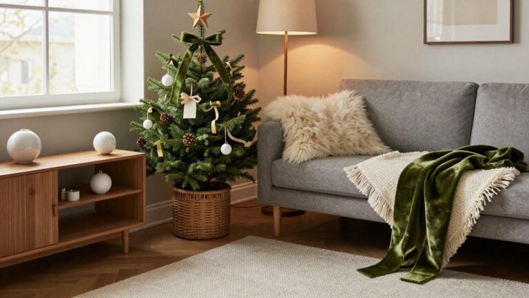 A living room corner with a decorated Christmas tree featuring green ribbons tied on branches, white and gold ornaments, pinecones, gray sofas, a woven tree stand, and a side table with lamp.