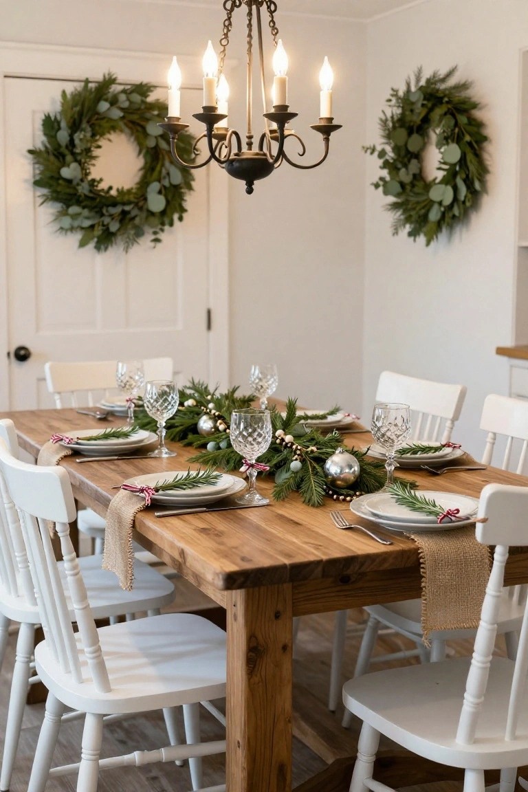 Wooden dining table set for Christmas dinner with white plates tied by red ribbons holding rosemary sprigs, burlap runners, evergreen and eucalyptus centerpiece, crystal wine glasses, white chairs, and green wreaths on doors.
