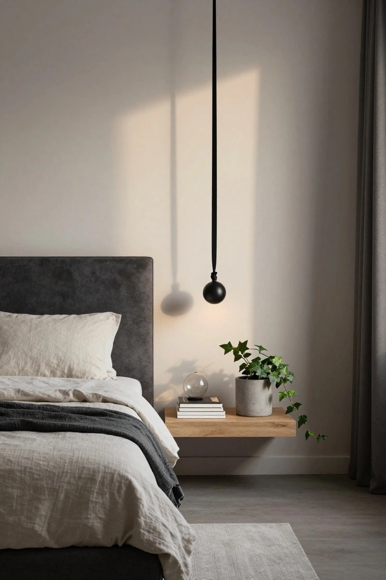 Modern bedroom with gray velvet upholstered headboard and bed dressed in white linen sheets and gray throw, floating oak shelf beside bed holding stacked books, glass dome, and potted ivy plant, black orb pendant light suspended by cord from ceiling, neutral walls, gray rug on hardwood floor.