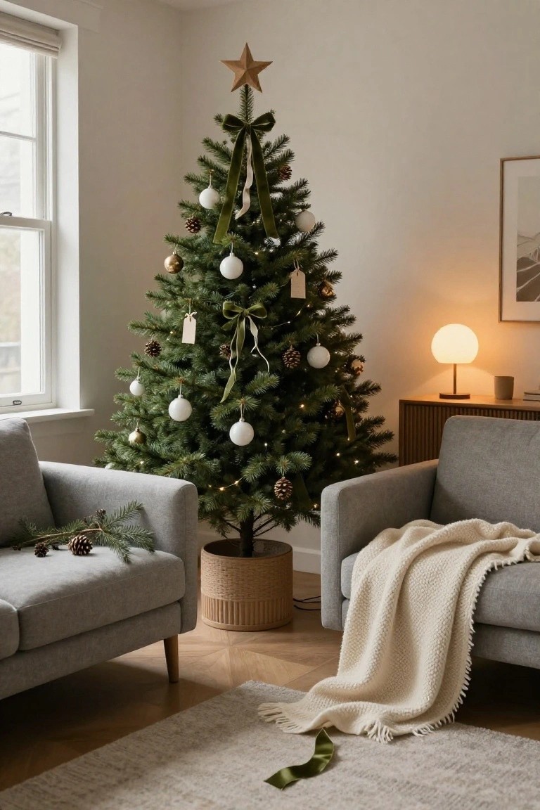 A living room corner with a decorated Christmas tree featuring green ribbons tied on branches, white and gold ornaments, pinecones, gray sofas, a woven tree stand, and a side table with lamp.
