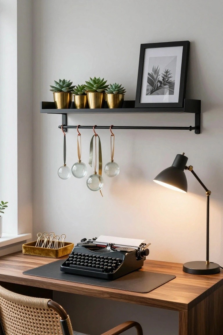 A cozy home office corner featuring a wooden desk with a black vintage typewriter, leather desk mat, gold paper clips, black adjustable lamp, rattan chair, and a black wall shelf with gold pots of succulents, black framed plant photo, and clear glass Christmas ornaments hanging from colored ribbons on the shelf rail.