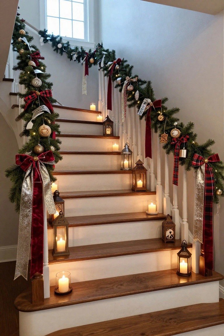 Wooden staircase with white risers and dark treads, decorated with evergreen garlands, red plaid and silver ribbons, gold ornaments, and multiple lit lanterns on steps and railings.