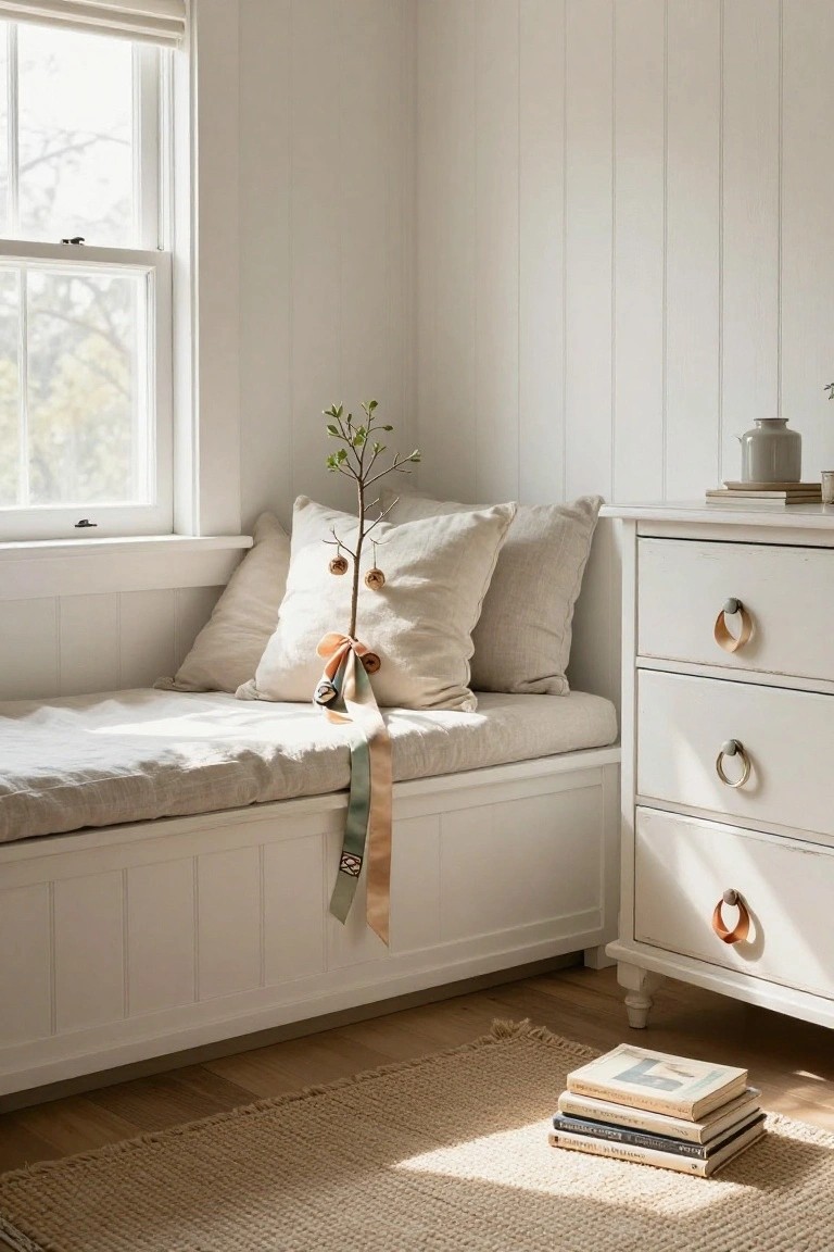 Small potted tree decorated with trailing ribbons and hanging bells placed on pillows atop a white linen-covered window bench, beside a white dresser in a white paneled room with sheer window blinds and stacks of books on a seagrass rug.