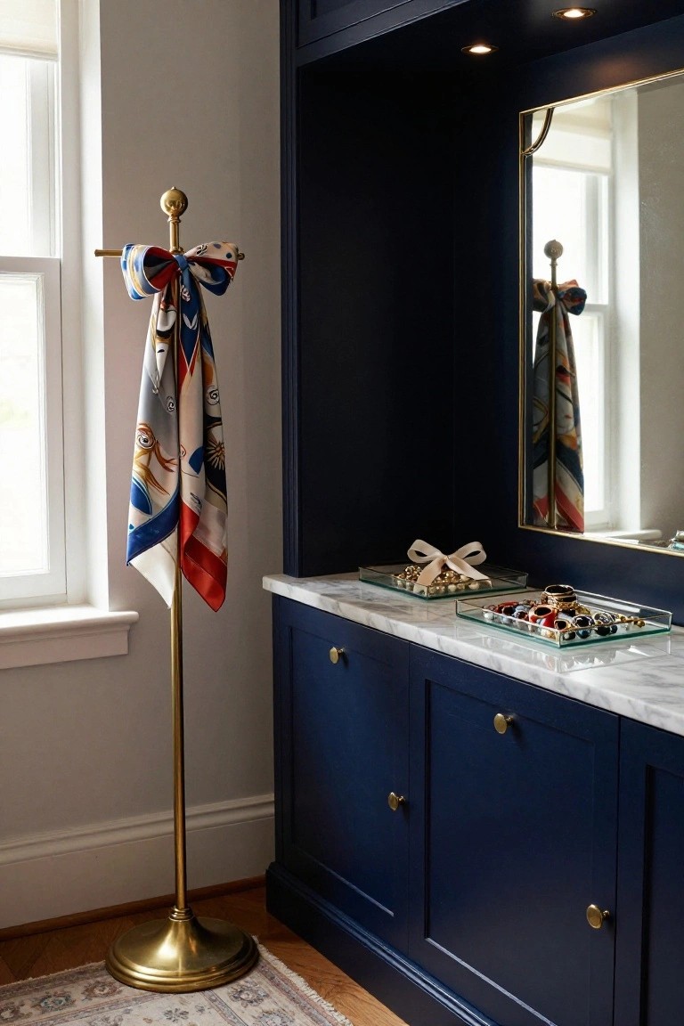 Brass valet stand with colorful scarves draped over it and tied at the top with a large ribbon bow, beside a navy cabinet with marble countertop holding glass trays of jewelry and a white ribbon bow.
