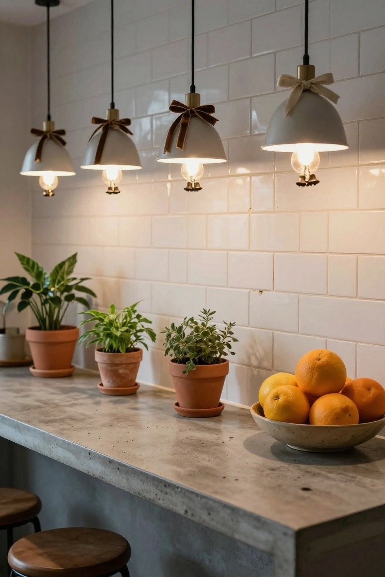 Kitchen counter with concrete surface, terracotta pots of houseplants, bowl of oranges, wooden stools, and four white pendant lights with brown ribbon bows against white subway tile wall.