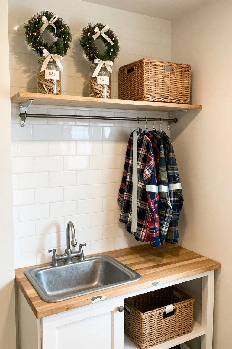White laundry room with subway tile walls, wooden shelf holding two ribbon-tied mason jars labeled DRY and WET containing cinnamon sticks, two mini wreaths, wicker baskets, hanging plaid shirts with white ribbons tied on them, and a sink with butcher block countertop below.