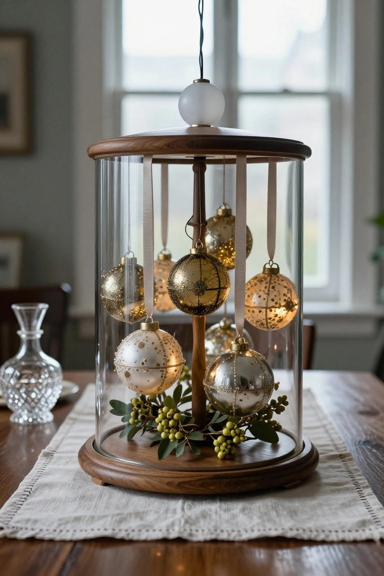 Glass dome on a wooden base on a dining table, with gold and white Christmas ornaments hanging from beige ribbons inside, eucalyptus greenery at the bottom.