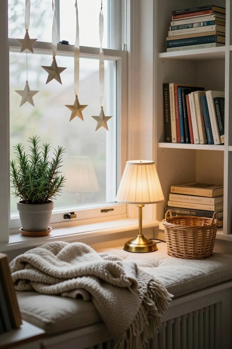 Window seat with knitted blanket, potted rosemary plant, brass table lamp, bookshelves filled with books, woven basket, and multiple paper star ornaments hanging from white ribbons in front of the window.