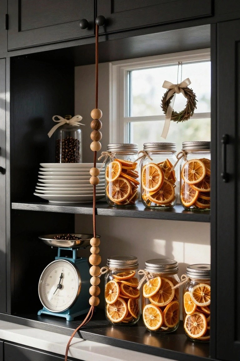 Open black kitchen shelves holding mason jars filled with dried orange slices tied with twine bows, wooden bead strands hanging from above, stacks of white plates, jars of coffee beans, a blue kitchen scale, and a small wreath on a nearby window.