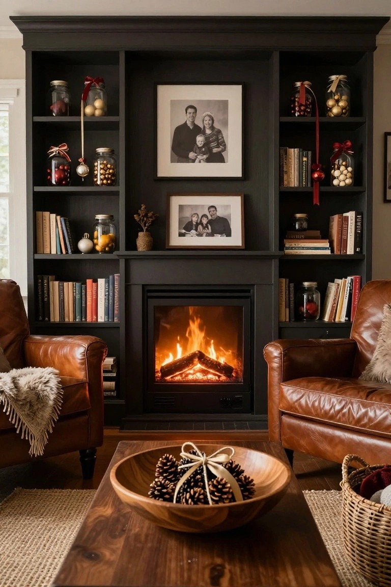 Living room with black built-in bookshelves flanking a lit fireplace, shelves holding books and glass jars of Christmas ornaments tied with red ribbons, two tan leather armchairs, wooden coffee table with pine cones, and seagrass rugs.