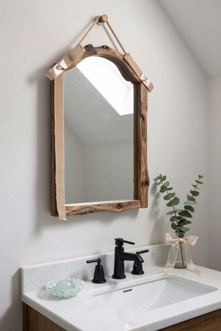 Rustic arched wood frame mirror wrapped in beige jute and satin ribbons, hung above a white quartz bathroom vanity with black faucet, clear glass soap dish holding blue soap, and glass vase of eucalyptus stems tied with satin ribbon bow.