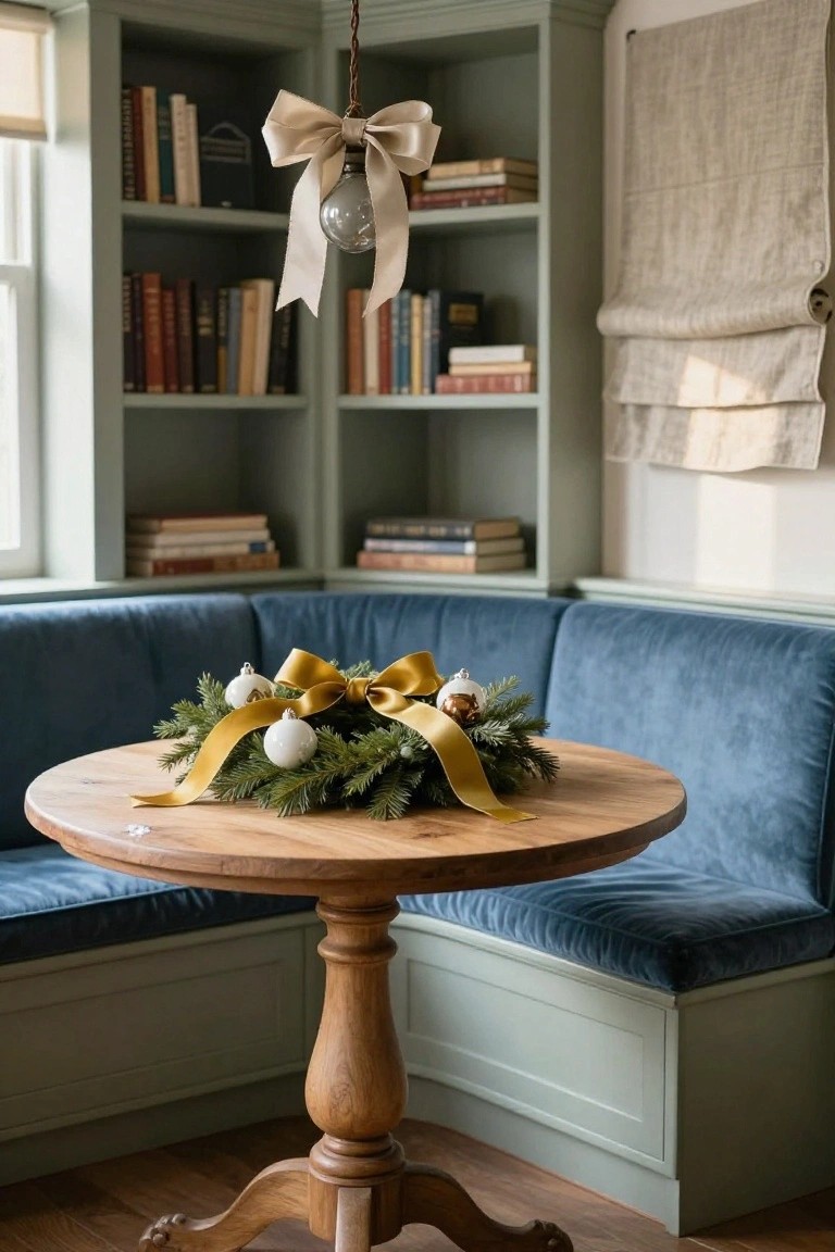 Cozy wooden table with evergreen wreath and golden ribbon in blue nook.