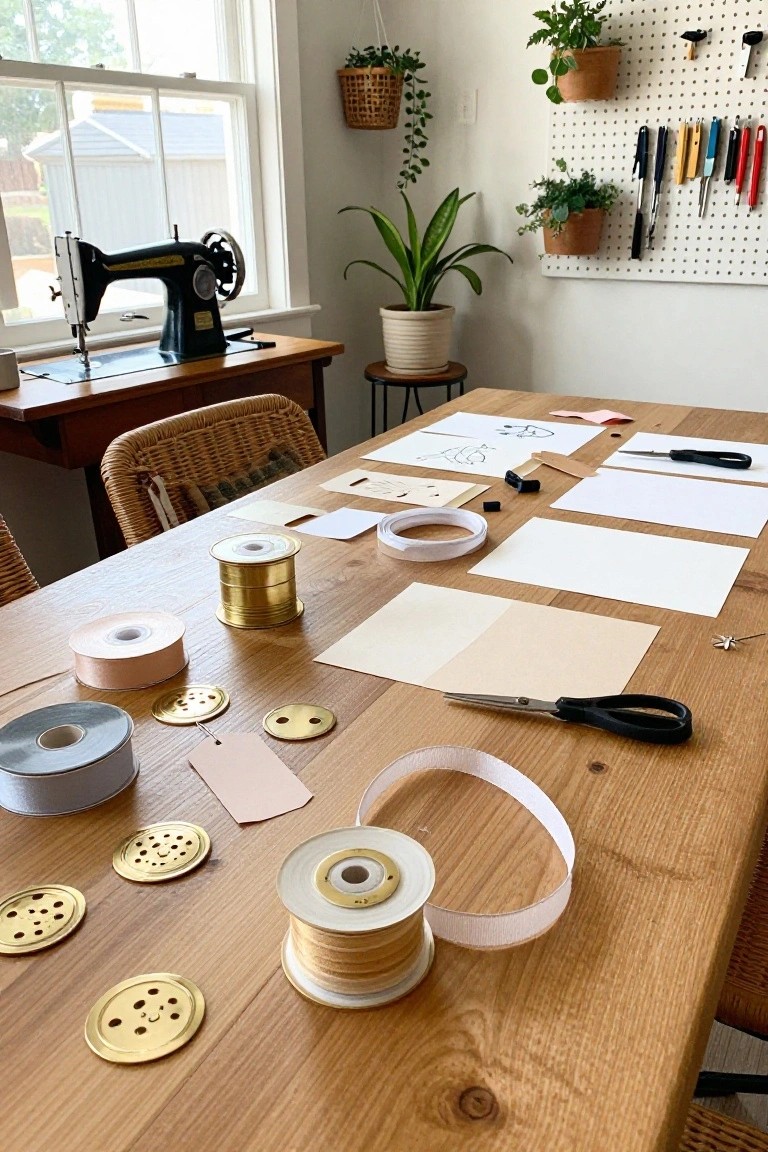 Wooden table scattered with rolls of pink, blue, and white ribbons, gold buttons and spools, paper sheets, scissors, tags, and thread in a room with a vintage black sewing machine, plants, and pegboard tools.