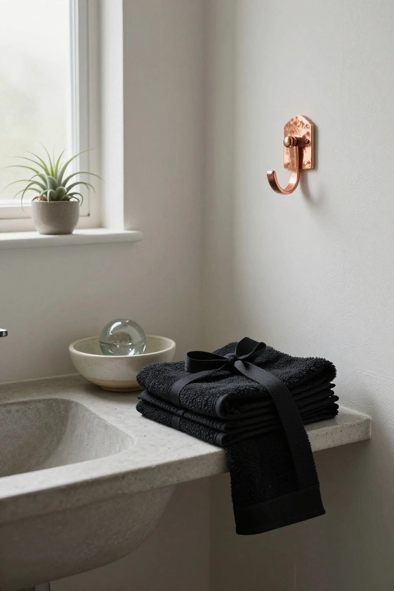 Modern bathroom vanity with gray stone sink, stack of four black towels tied with black ribbons on the counter, clear glass orb in white bowl nearby, black hand towel draped over edge, copper hook on white wall, potted plant by window.