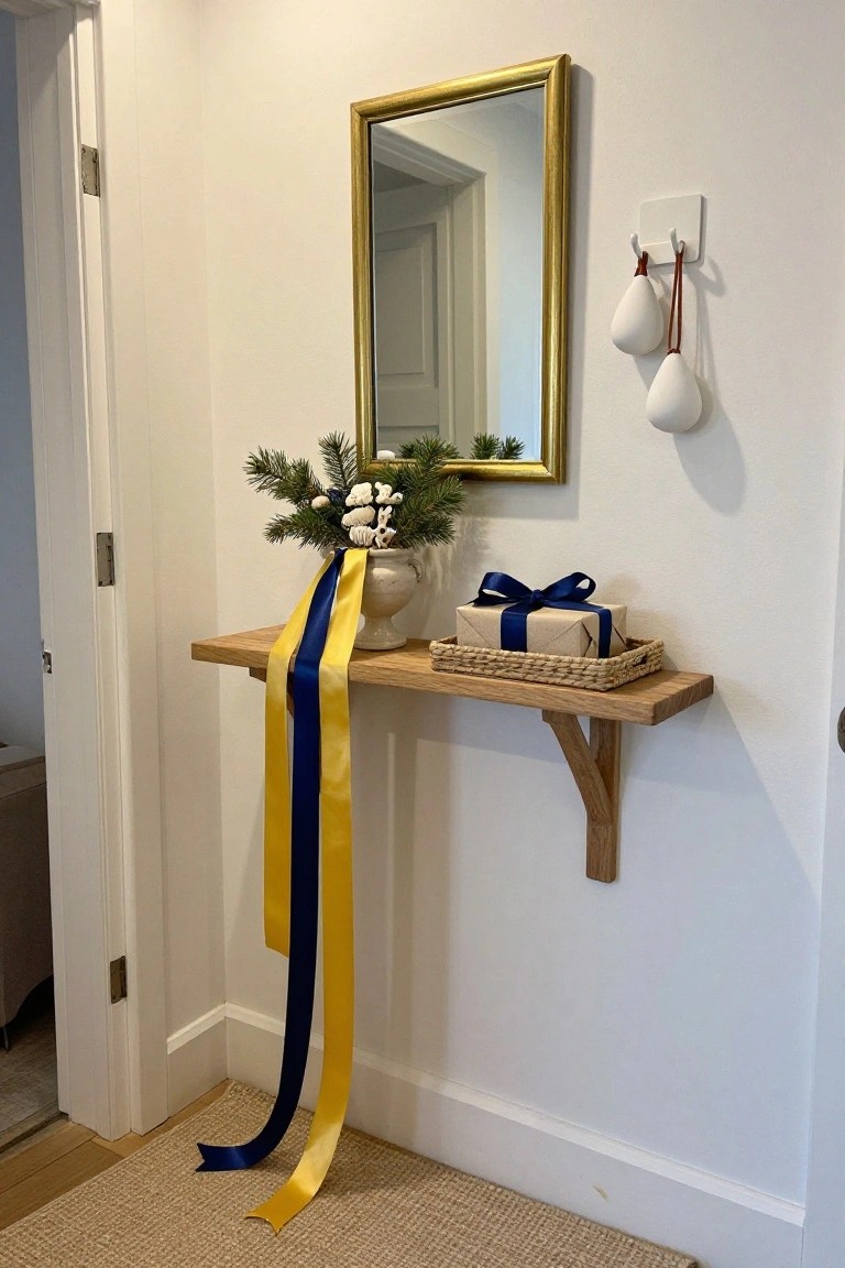 Wooden console shelf on a white entryway wall holding a vase of fir branches and shells, a blue-ribboned wrapped gift in a basket, with long yellow and blue ribbons trailing to the floor, beside a gold-framed mirror and white hanging pear-shaped ornaments.