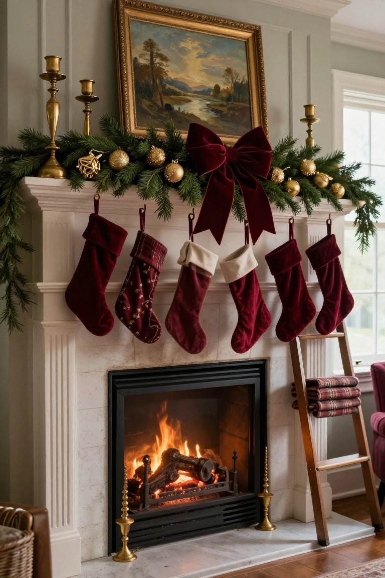 A decorated Christmas fireplace mantel with evergreen garland, gold ornaments, a large burgundy velvet ribbon bow, red velvet stockings, and a burning fire in the hearth.
