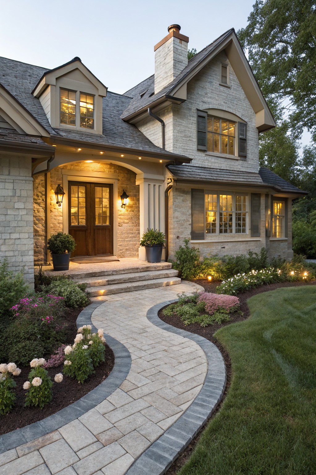 Beige brick house exterior with gabled roof, arched entry featuring double wood doors and lantern lights, stone steps, curved paver pathway, and bordered flower beds with plants and grass.