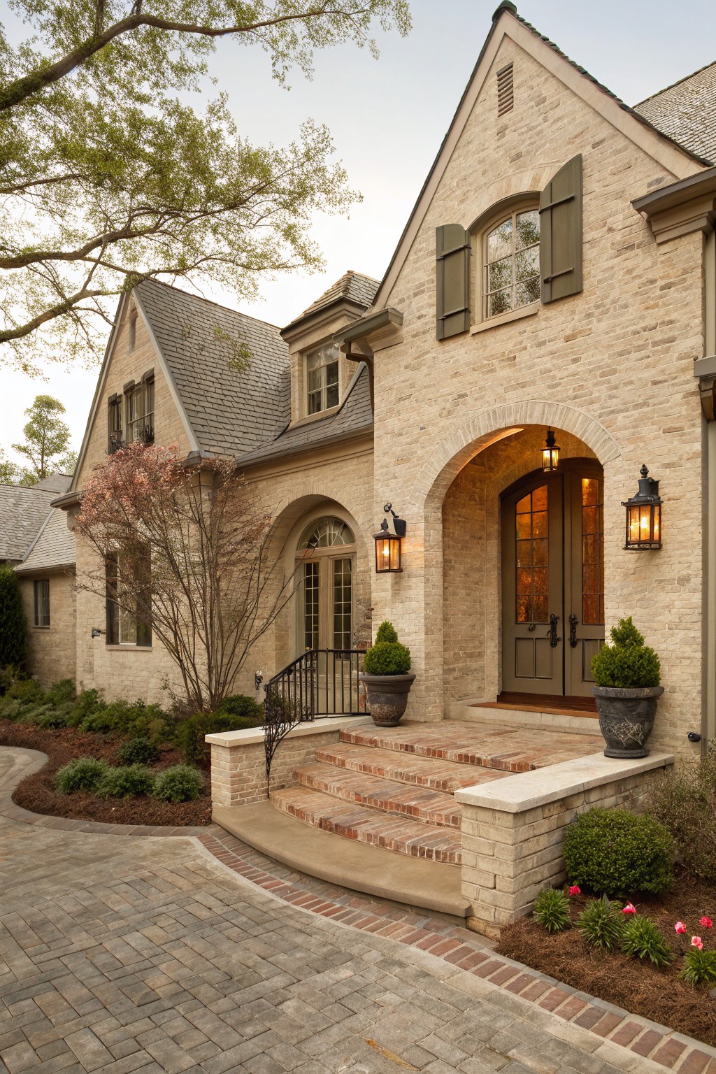 Beige brick house exterior featuring a gabled roofline, arched entryway with double wooden doors, wall-mounted lanterns, brick steps, potted plants, and surrounding landscaping with trees and shrubs.
