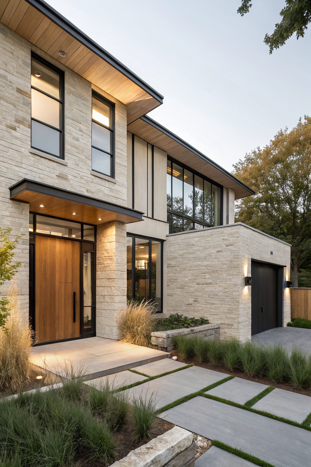 Modern two-story house exterior with beige brick walls, cantilevered wood canopy over a wooden entry door, large glass windows, attached garage, and front yard landscaping with ornamental grasses and concrete pavers.