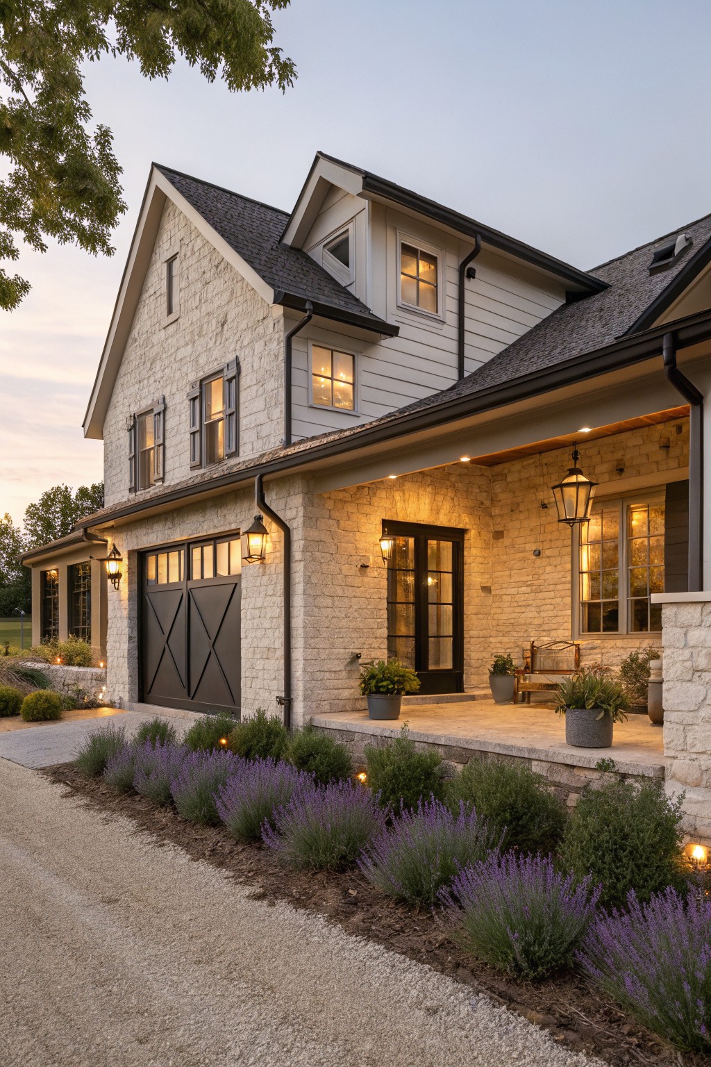 Two-story house exterior with light beige stone lower walls, white siding upper walls, black garage door, dark wooden front door under a covered porch with hanging lanterns, lavender shrubs along the base, and gravel driveway at dusk.