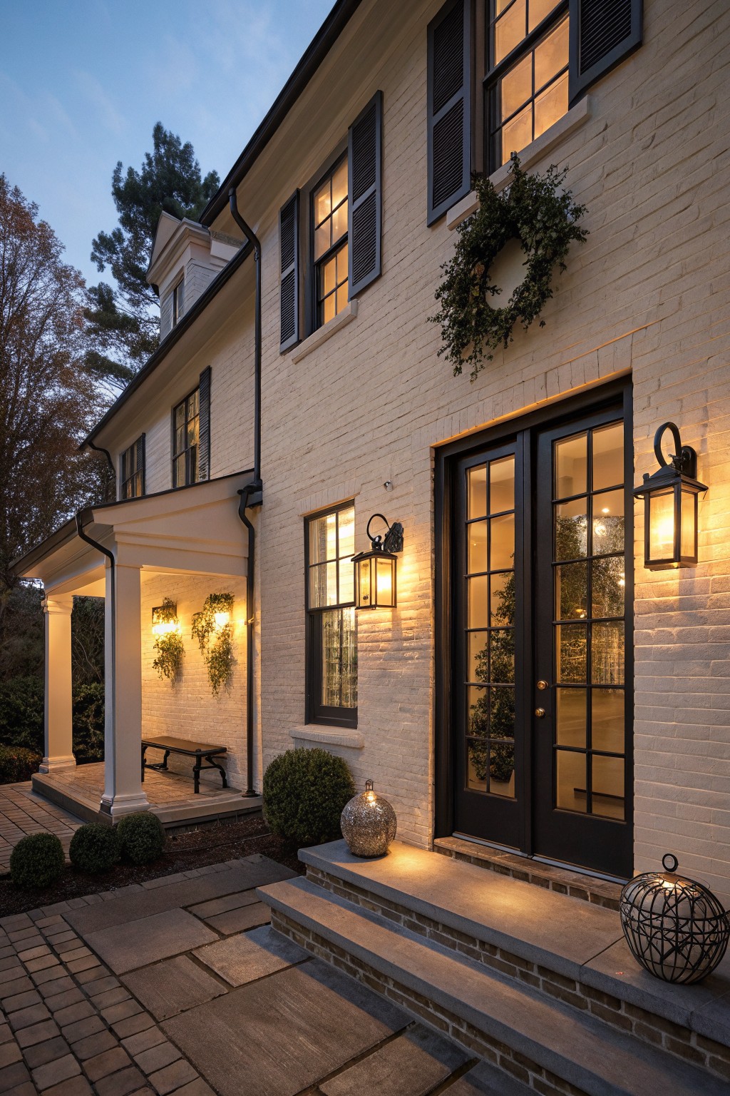 Dusk view of a two-story beige brick house exterior featuring black shutters on lit windows, a side porch with bench and greenery, black French doors flanked by lanterns, steps to a paved entry, and potted plants.