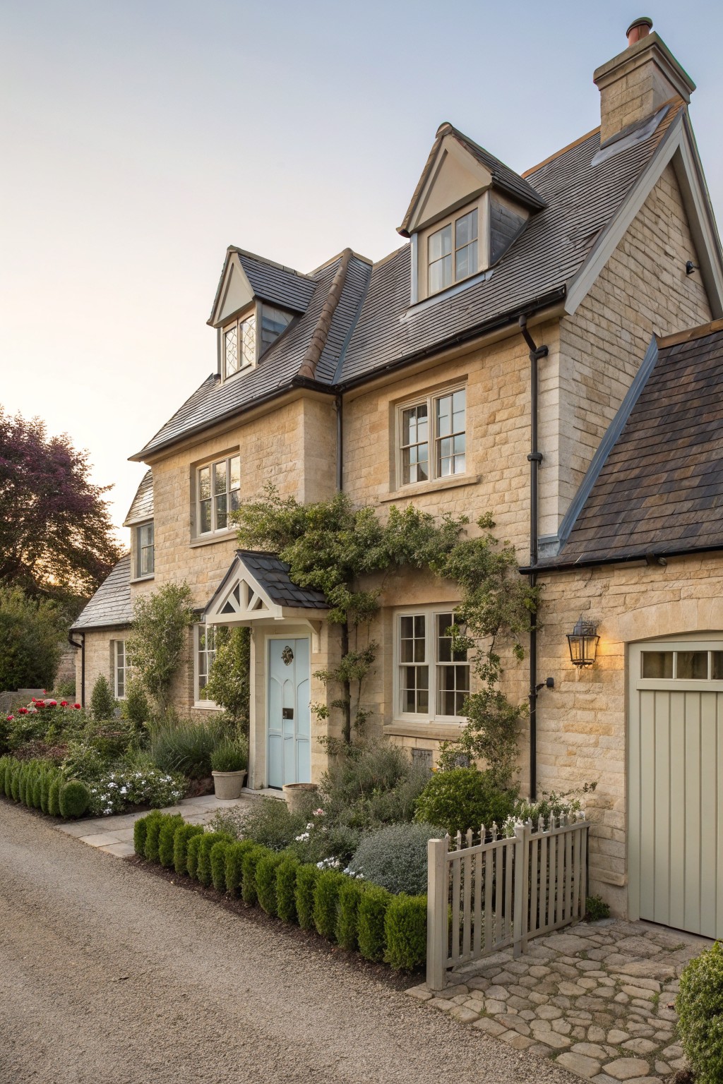 Two-story beige stone house exterior with climbing ivy on walls, gabled roof, blue front door under a small porch canopy, lantern light, pale green garage door, boxwood hedges, and gravel driveway edged by a white picket gate.