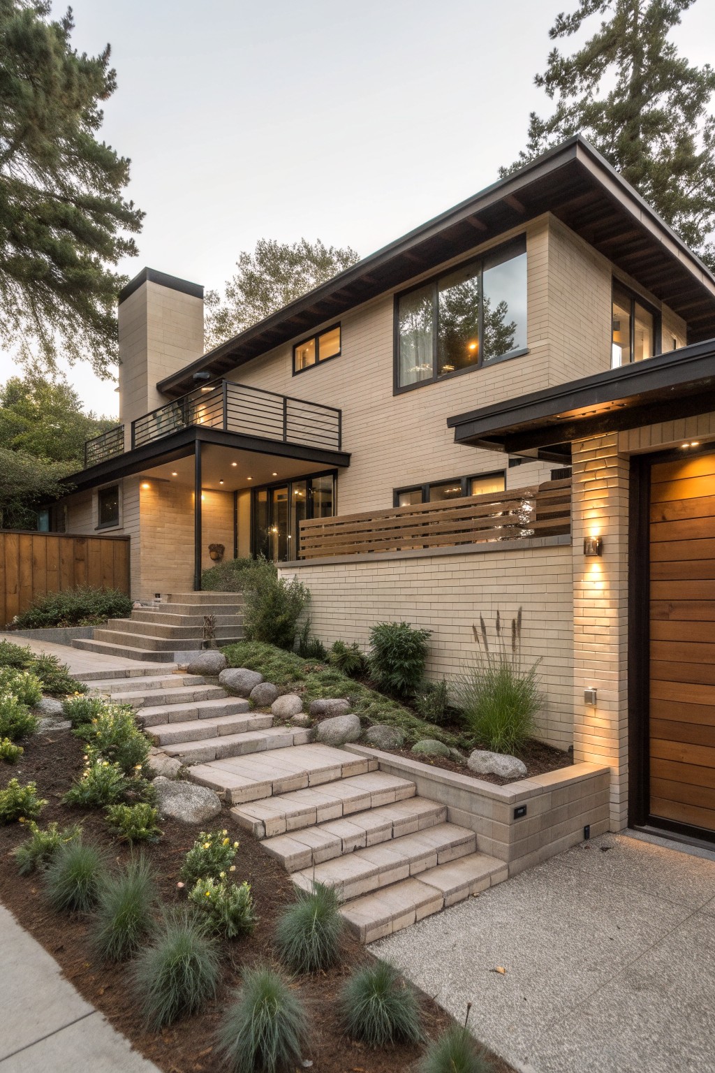 Two-story modern house with light beige brick exterior, black metal balcony and window frames, wooden garage door, concrete steps leading to entry, and surrounding low plantings on a sloped site.