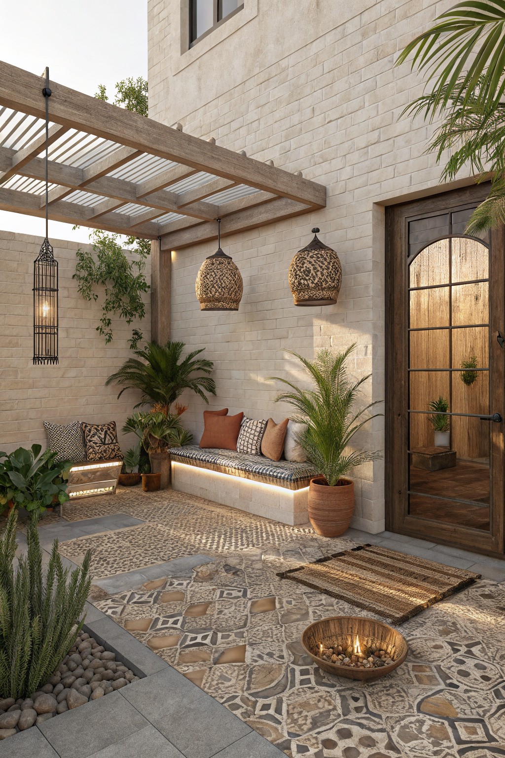 Beige brick exterior wall with arched wooden door, wooden pergola overhead, built-in bench seating with cushions and LED lighting, potted plants, hanging lanterns, patterned tile patio floor, and a woven fire bowl.