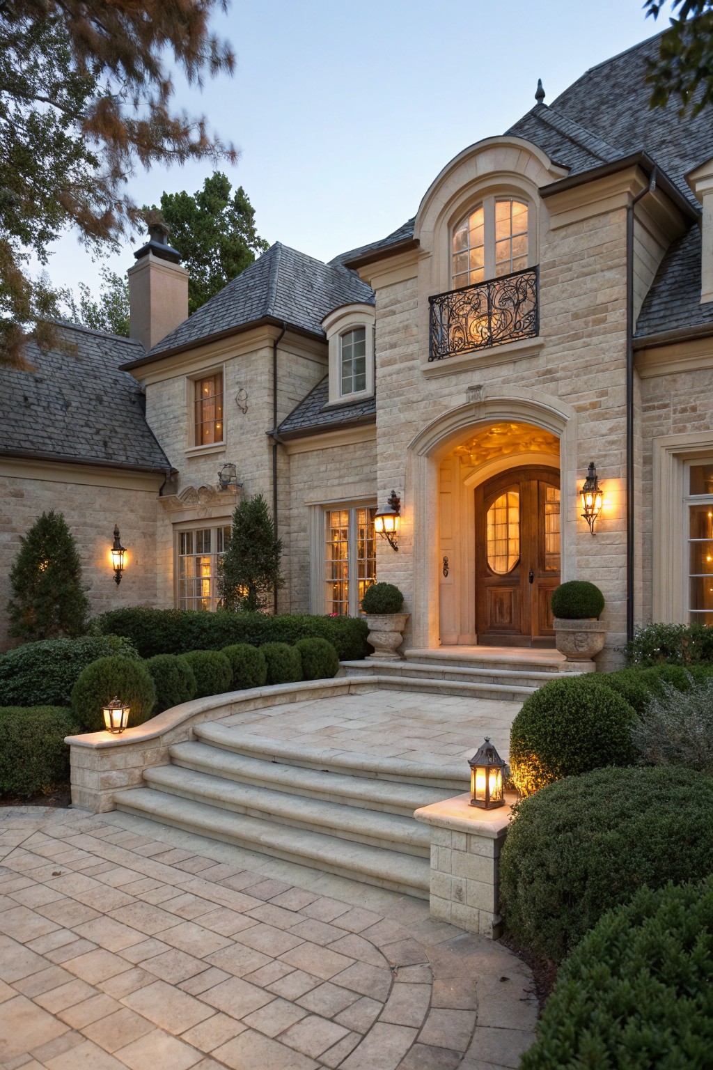 Beige limestone house exterior with centered arched wooden double door, flanked by wall lanterns and large planters with boxwood shrubs, stone steps leading from curved paved pathway at dusk