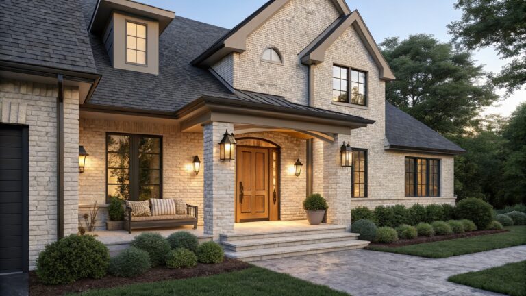 Two-story house exterior with light beige brick walls, black-framed windows, dark slate gabled roof, arched entryway with wooden door and lanterns, stone steps, gravel path, and boxwood shrubs in the front yard at dusk.