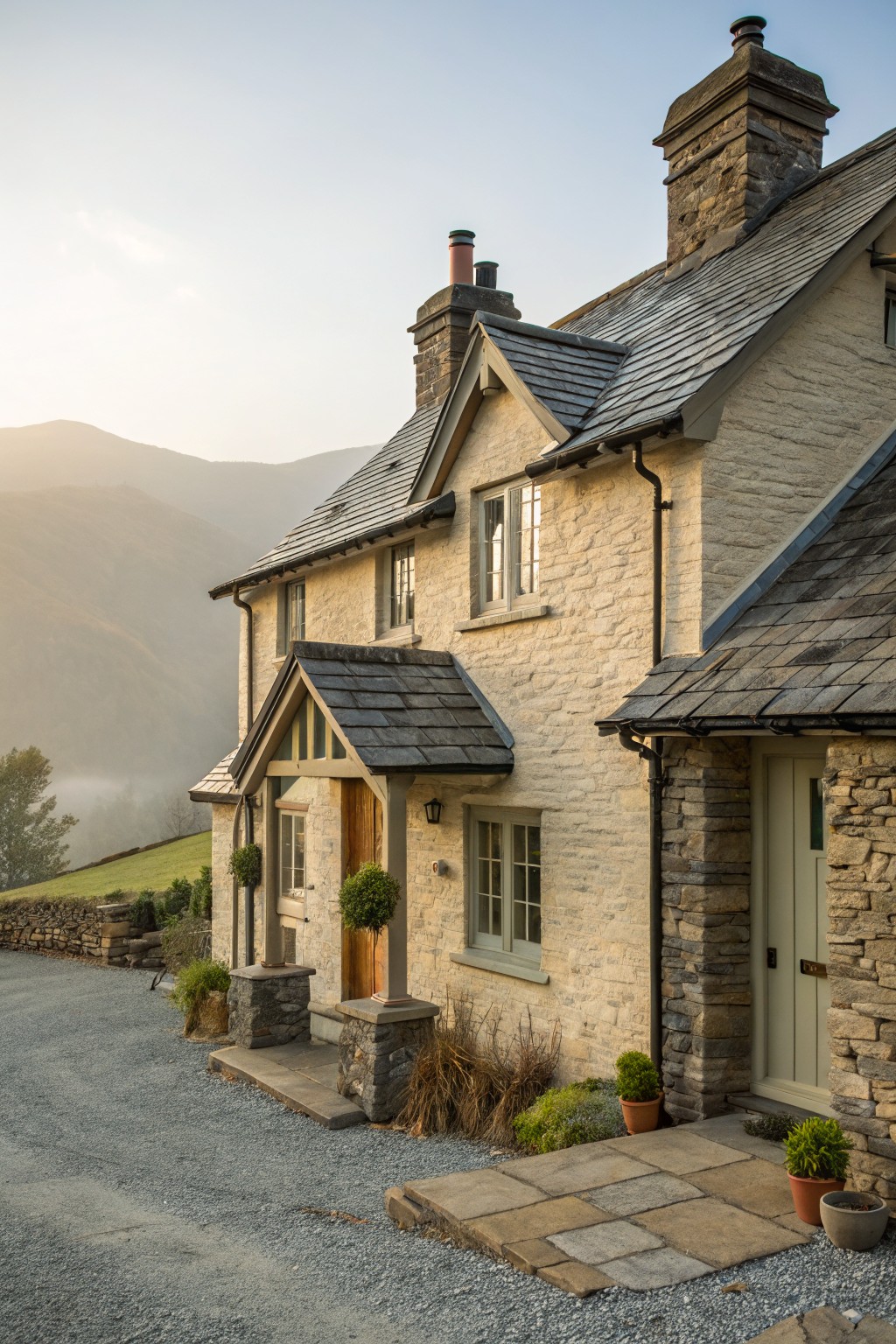 Angle view of a two-story light beige stone house with slate roofs, multiple chimneys, front entrance porch, stone pillars, gravel driveway, potted plants, and distant mountains at sunset.