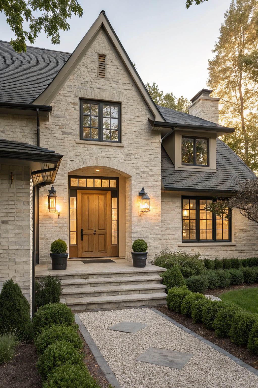 Two-story house exterior with light beige brick walls, black-framed windows, dark slate gabled roof, arched entryway with wooden door and lanterns, stone steps, gravel path, and boxwood shrubs in the front yard at dusk.