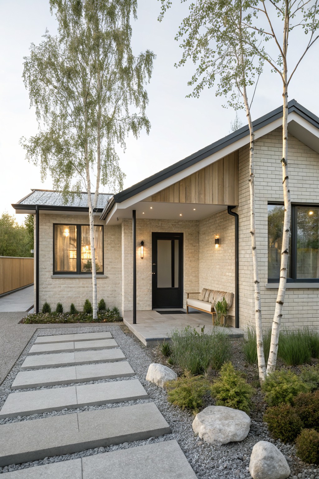 Front view of a single-story light beige brick house with a gabled dark roof, vertical wood cladding on the entry overhang, black front door, bench on porch, concrete paver path, gravel and plants in yard, and tall birch trees nearby.