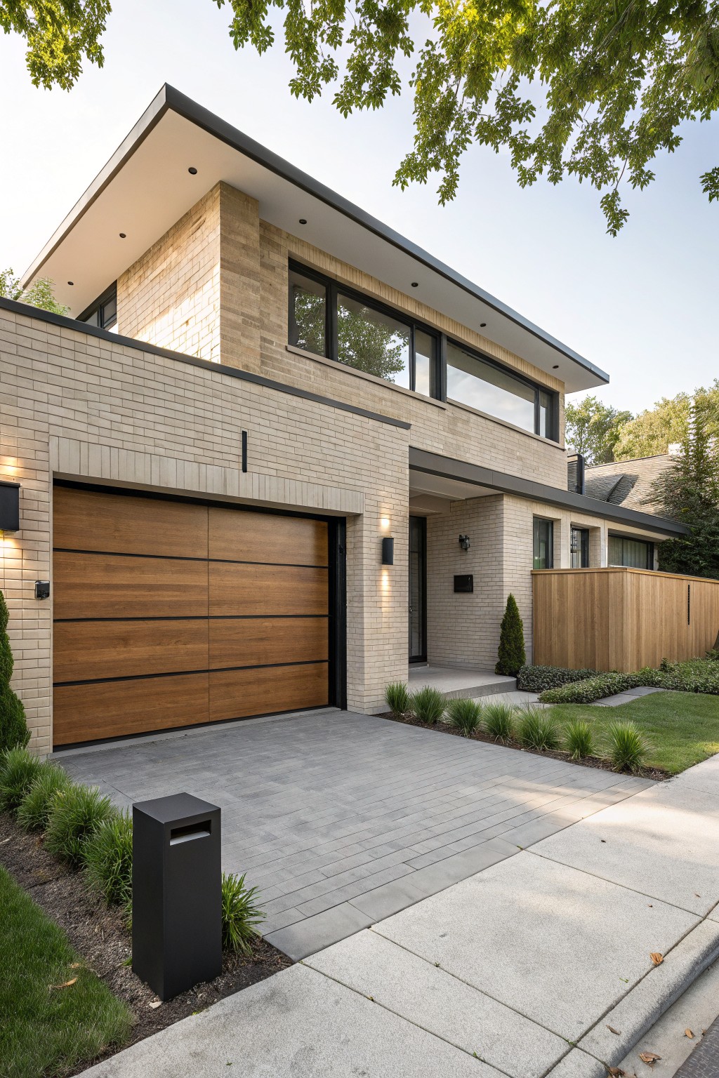 Two-story modern house with beige brick exterior, double wooden garage door with horizontal slats, concrete driveway, low plantings, and wooden fence beside a sidewalk.
