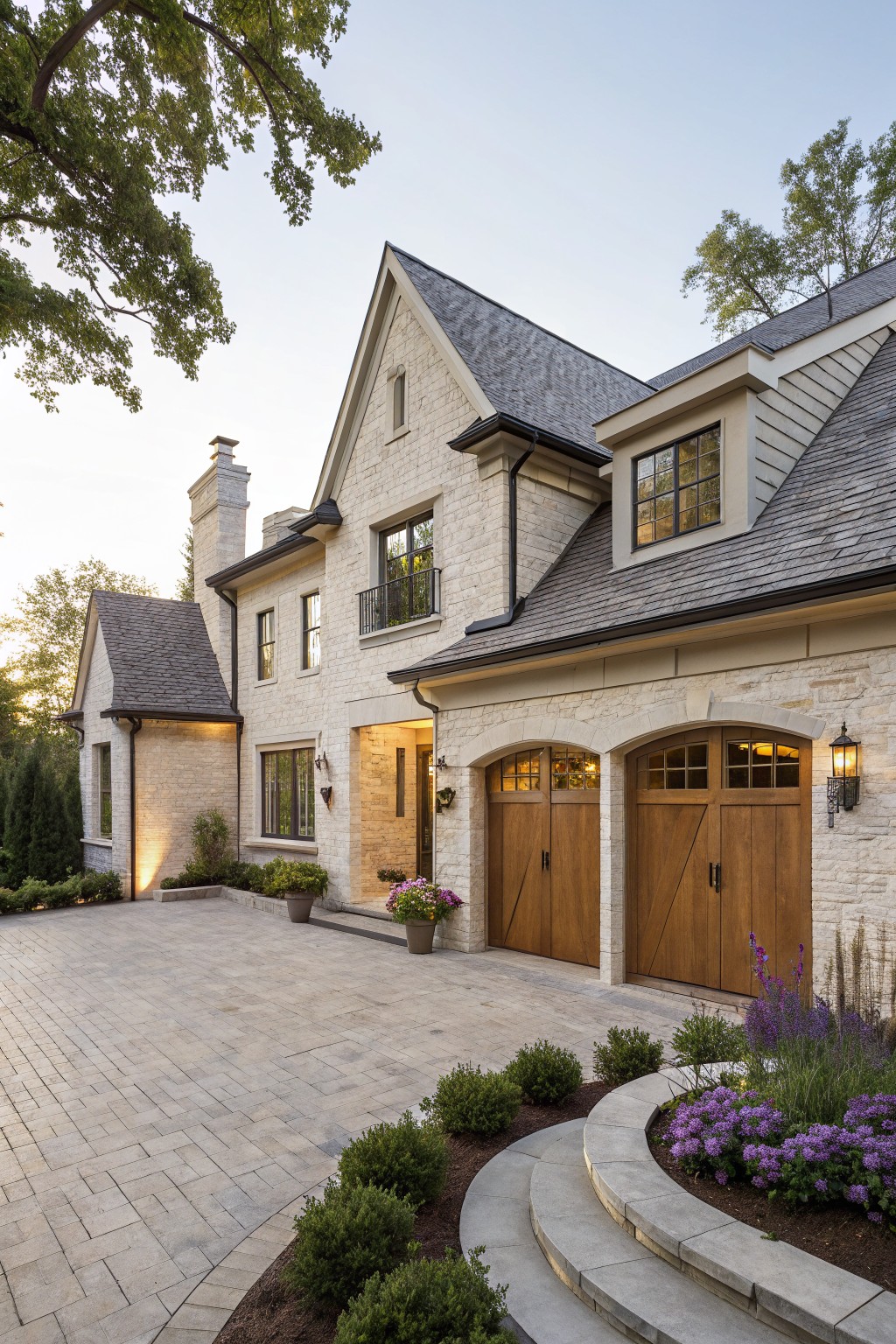 Beige brick house exterior with gabled roofs, double-car wood garage doors, paver driveway, curved stone entry steps, and surrounding shrubs and flowers.