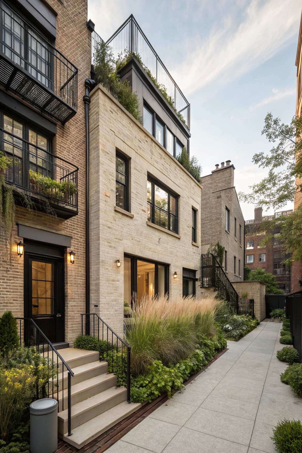 Multi-story brick townhouse exterior featuring light beige brick on the right side, darker brick on the left, black metal balconies and window frames, concrete entry steps with landscaping, and a paved walkway lined with ornamental grasses.