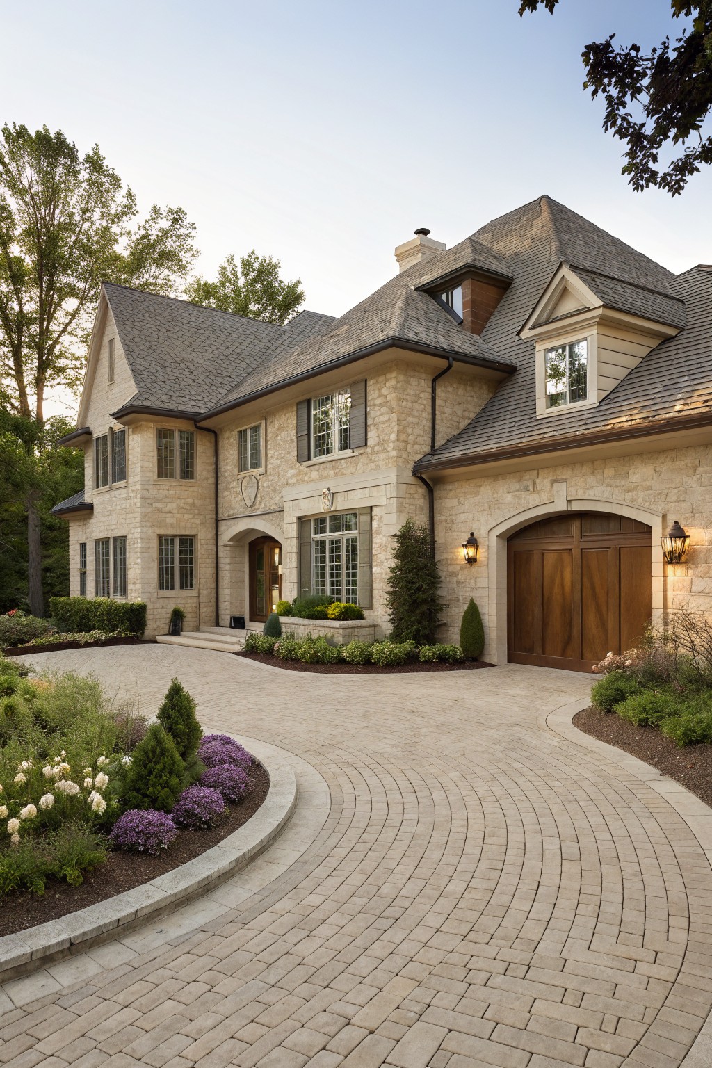 A two-story beige brick house with gabled roofs, arched wooden garage doors, stone lanterns, and a curved brick-paver driveway edged by shrubs and trees.