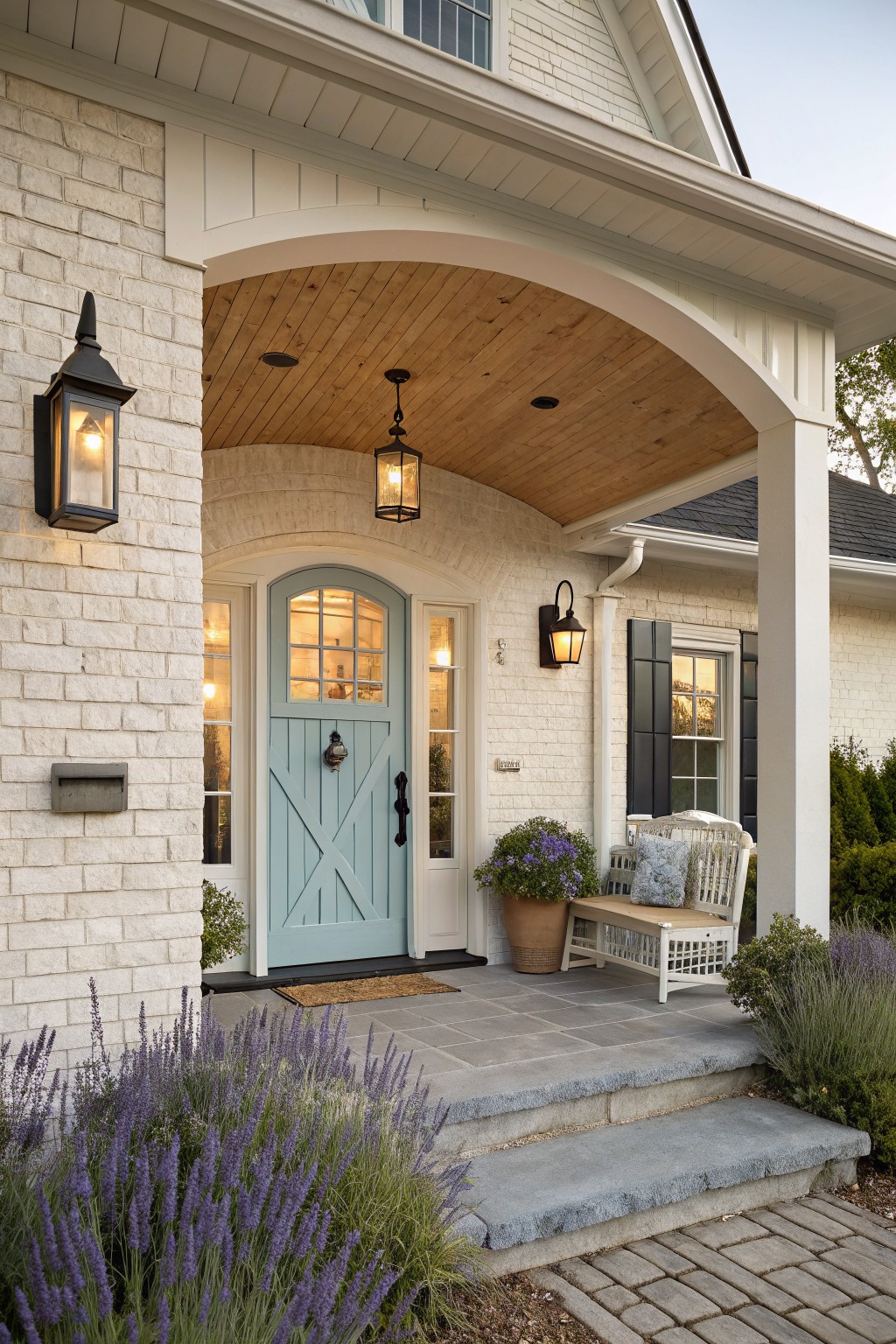 House exterior with soft beige painted brick walls, white trim, arched wood-beamed porch, turquoise X-braced arched front door, black lanterns, potted plants, wicker chair, and lavender shrubs along slate steps to a brick path.