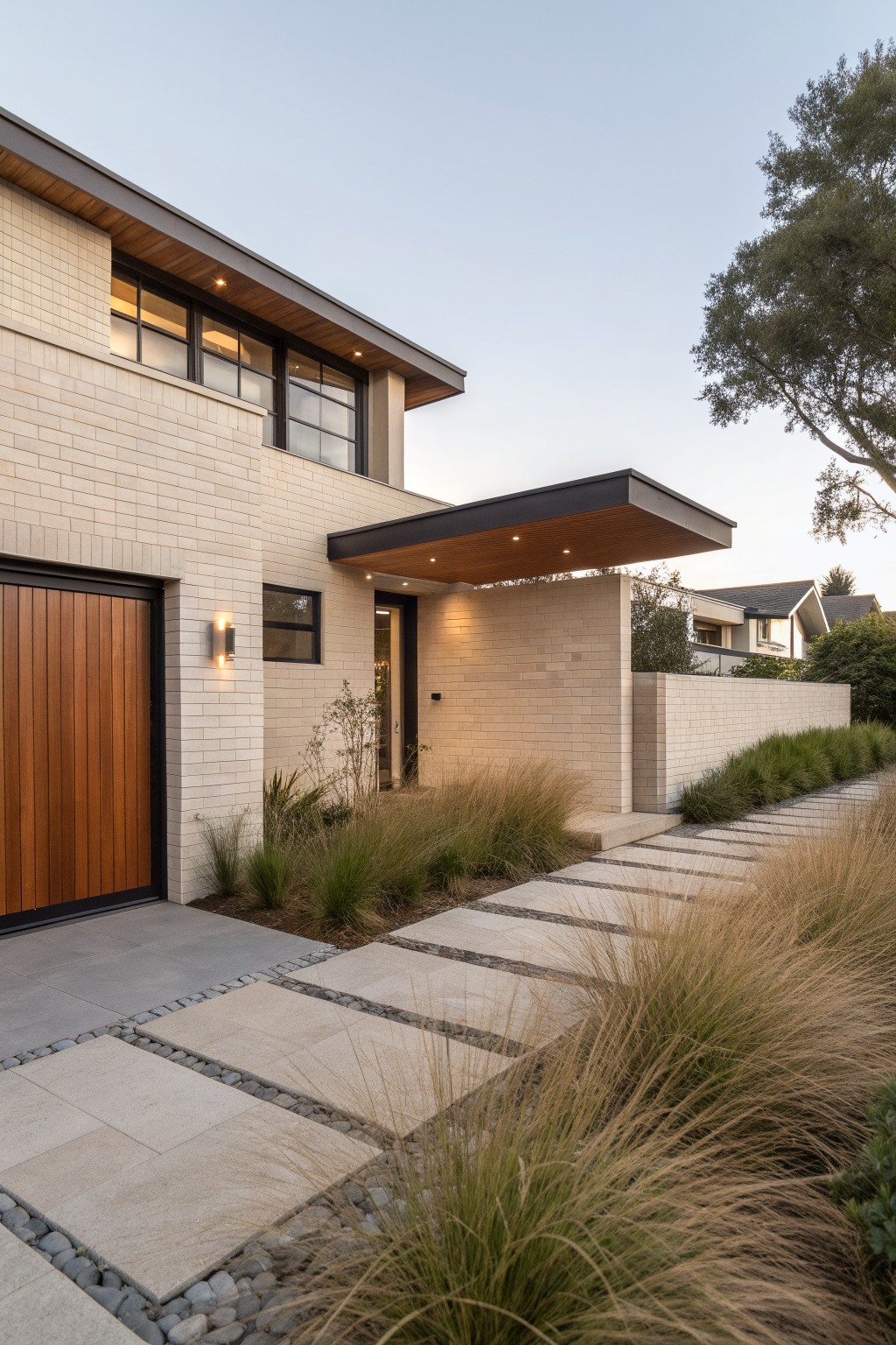 Beige brick house exterior showing a vertical slat wooden garage door, black metal window frames, cantilevered entry canopy, and concrete paver pathway with pebble edging and tall grasses.