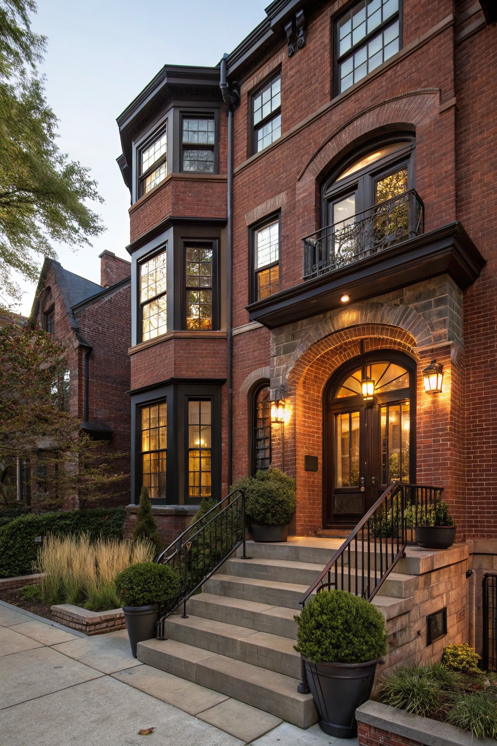 Red brick multi-story house exterior with black window frames, arched front door with lanterns, concrete entry steps, iron railings, and potted shrubs in the foreground.