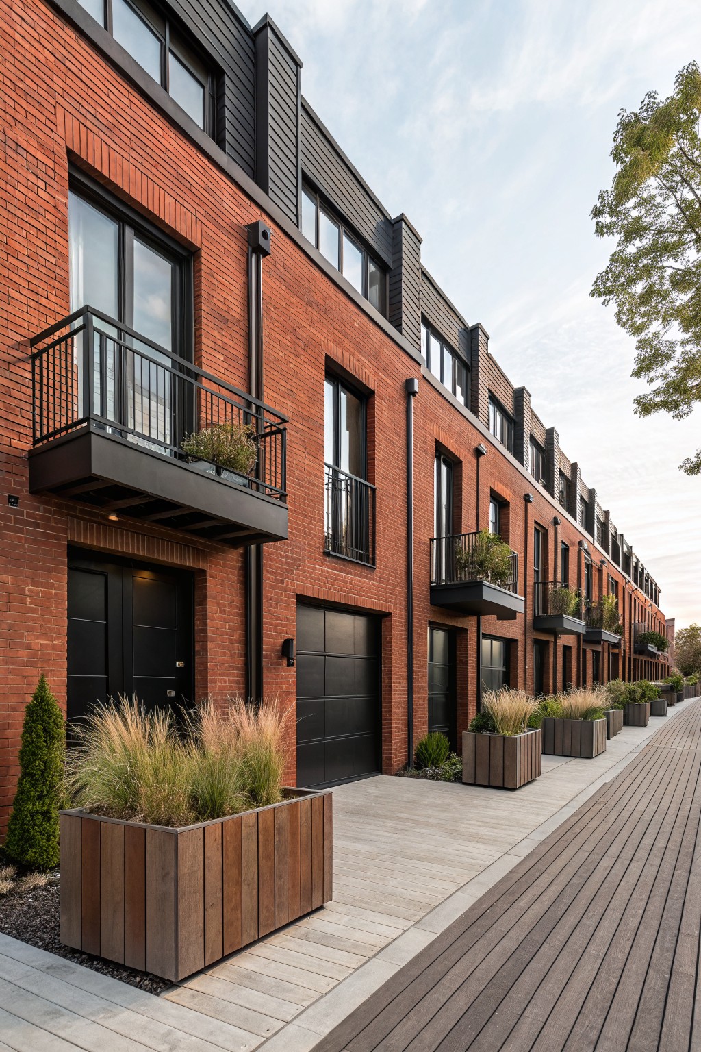 Row of three-story red brick townhouses with black-framed windows, metal cladding on upper levels, cantilevered balconies, black garage doors, and wooden planters with grasses along a boardwalk path.