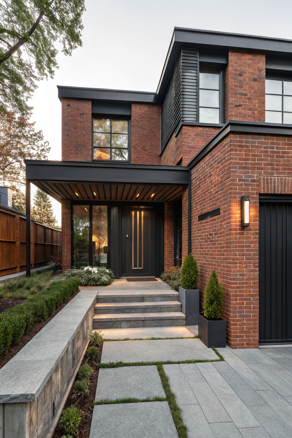 Two-story red brick house exterior featuring black-framed windows, a cantilevered black metal entry canopy, slim black front door with vertical lights, black garage door, stone steps, pathway, low hedges, and potted plants in the front yard.
