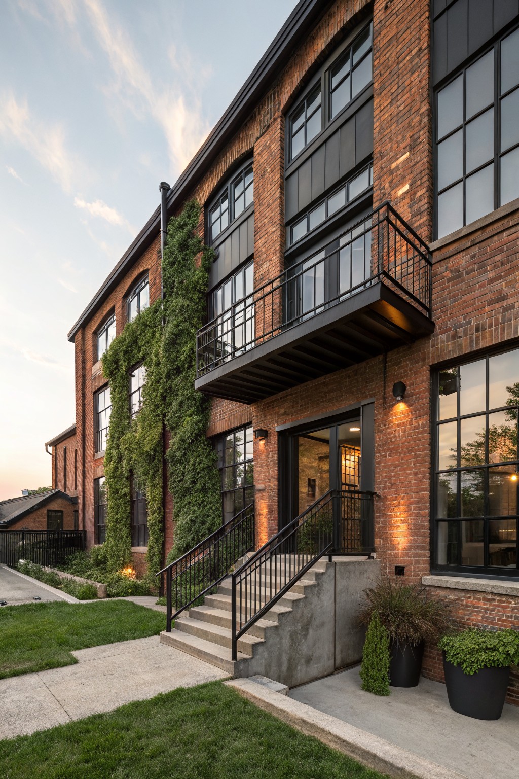 Multi-story red brick building exterior with black-framed windows, cantilevered black metal balcony, ivy climbing one wall, concrete staircase with black metal railing leading to glass entry door, lawn, pathway, and potted plants in foreground at dusk.