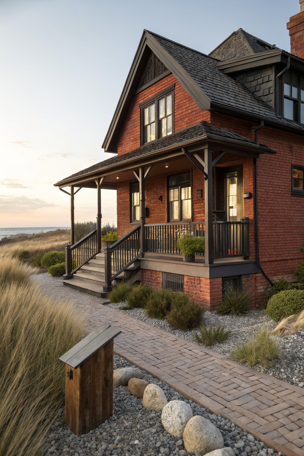 Red brick house with black window frames, dark trim, covered porch with black railings and stairs, brick path through dune grasses and rocks leading toward beach at sunset.