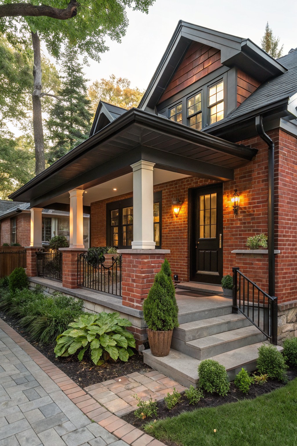 Red brick house exterior with covered front porch supported by white columns, black windows and door, brick planters, steps leading to the entry, and surrounding landscaping with trees.